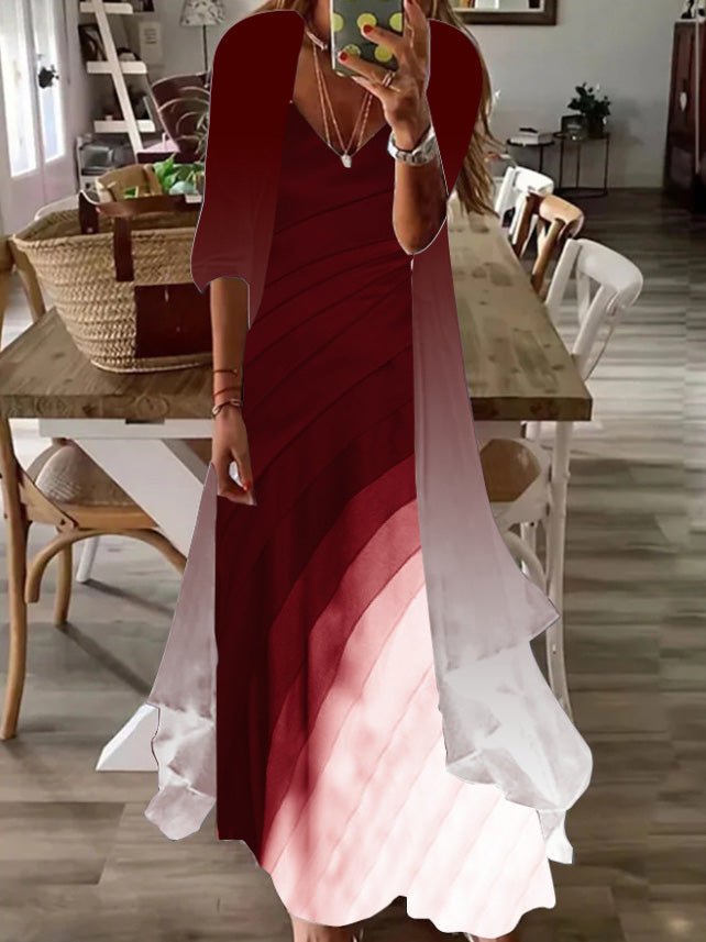Damenkleider Casual Print V-Ausschnitt 2 Stück Kleid