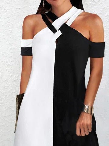 Women's Dresses Color Contrast Cross Neck Off Shoulder Short Sleeve Dress