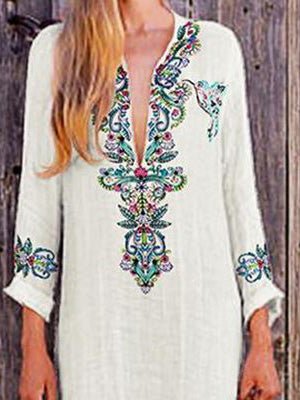 Women's Dresses Loose Vintage Print Slit Long Sleeve Dress