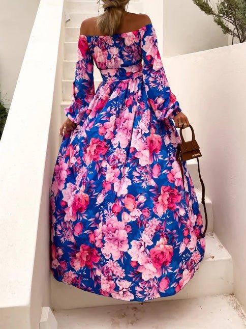Women's Dresses One Word Collar Floral Print Long Sleeve Slit Dress