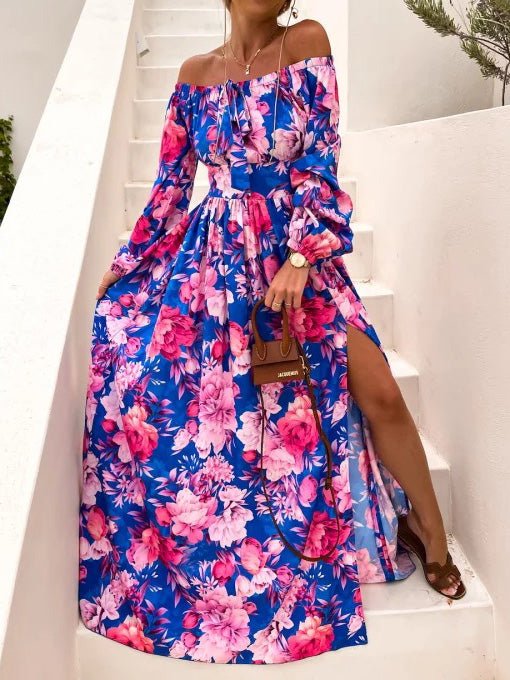 Women's Dresses One Word Collar Floral Print Long Sleeve Slit Dress