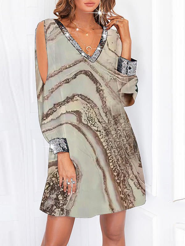 Women's Dresses Sequin Panel Print Off Shoulder Long Sleeve Dress