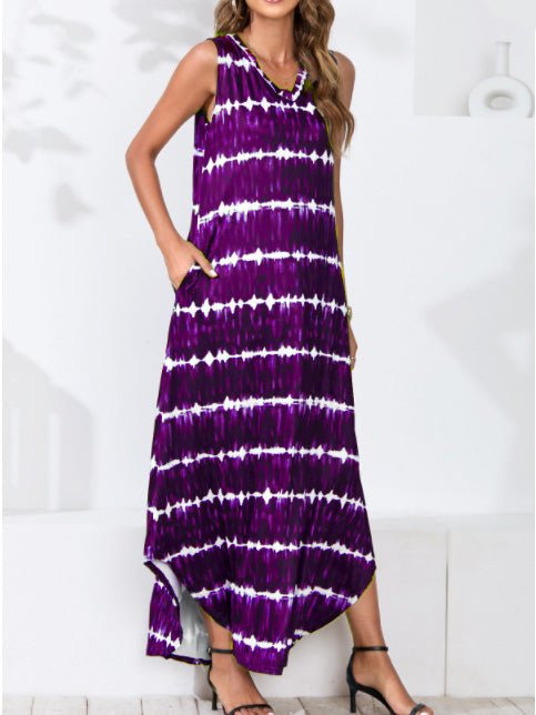 Frauenkleider Tie-Dye Print V-Ausschnitt Unregelmäßig Ärmelloses Kleid