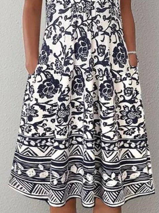 Women's Dresses Vintage Print V-Neck Pocket Short Sleeve Dress