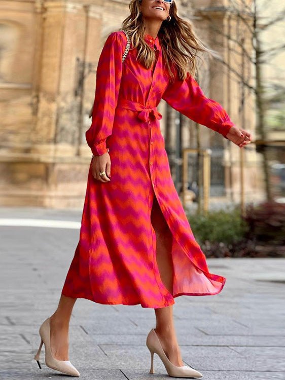 Women's Dresses Wavy Print Lace-Up Long Sleeve Shirt Dress