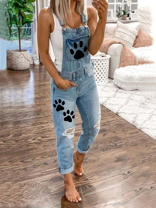 Women's Jumpsuits Animal Paw Washed Ripped Denim Jumpsuit