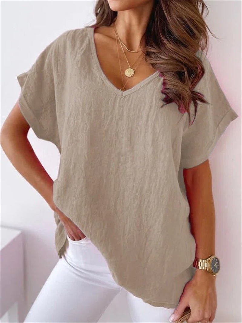 Women's T-Shirts Solid V-Neck Short Sleeve Casual T-Shirt