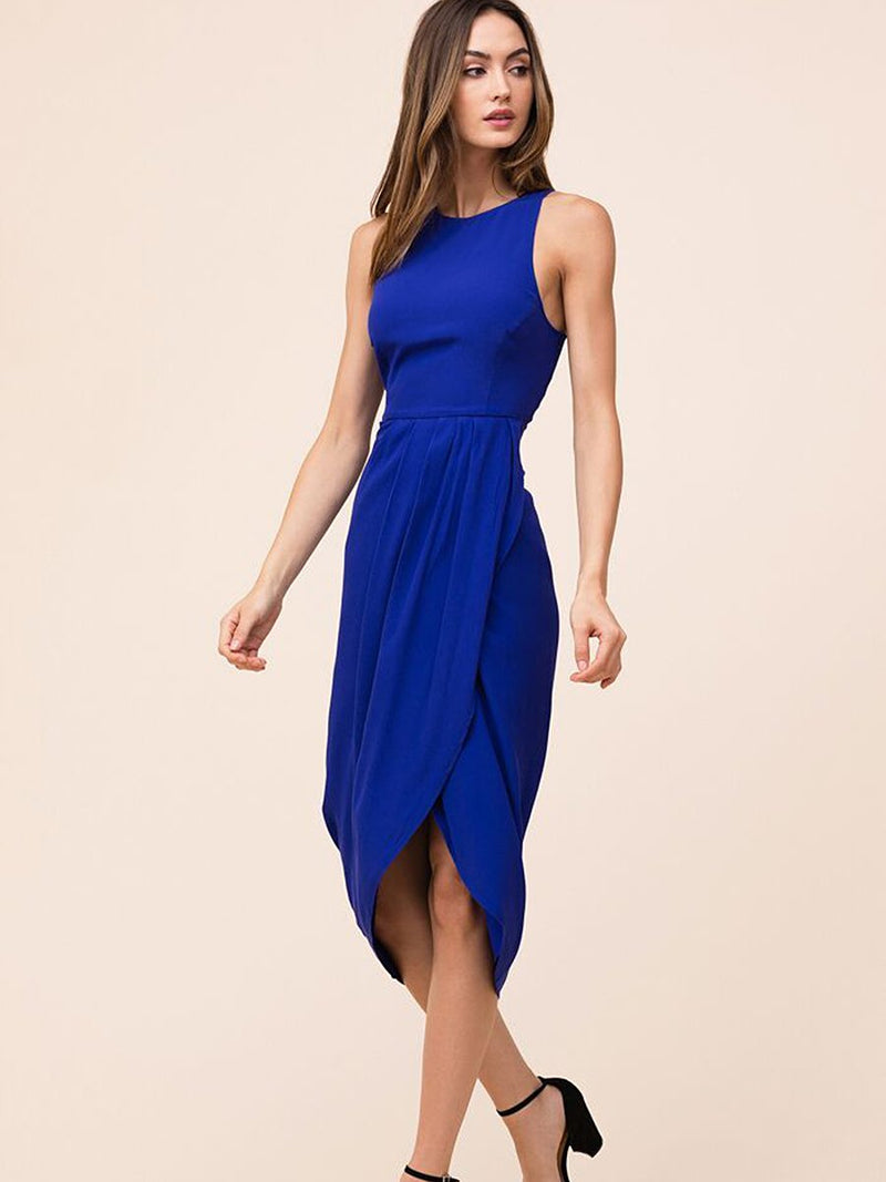 Blau Mehrfabrig Unregelmäßiger Saum Midi Kleid - CA Mode