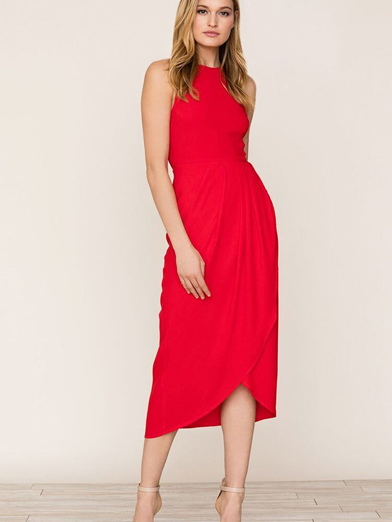 Rot Mehrfabrig Unregelmäßiger Saum Midi Kleid